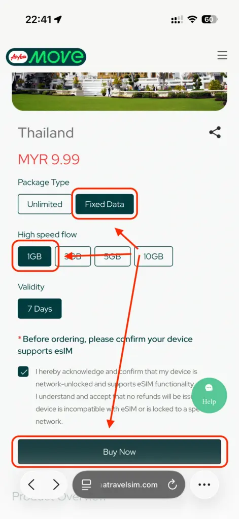 Select the country that you would like to redeem for the eSIM